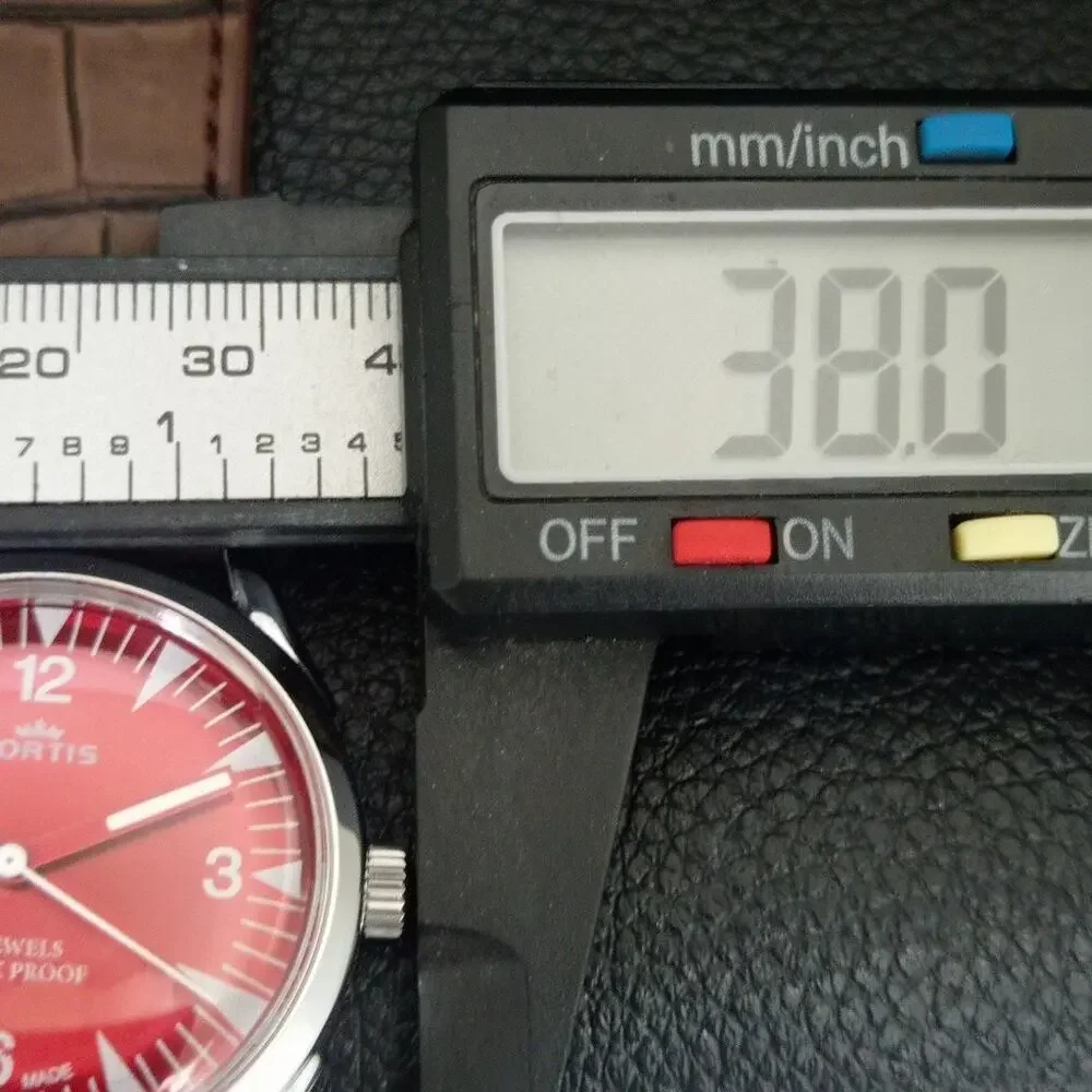 Vintage 1976 Fortis Manual Mens Silver Watch W/Leather Strap & Red accents